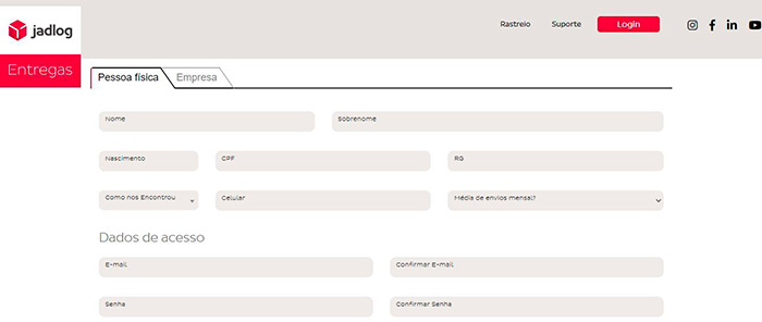 página de cadastro para envio de produtos pela jadlog entregas