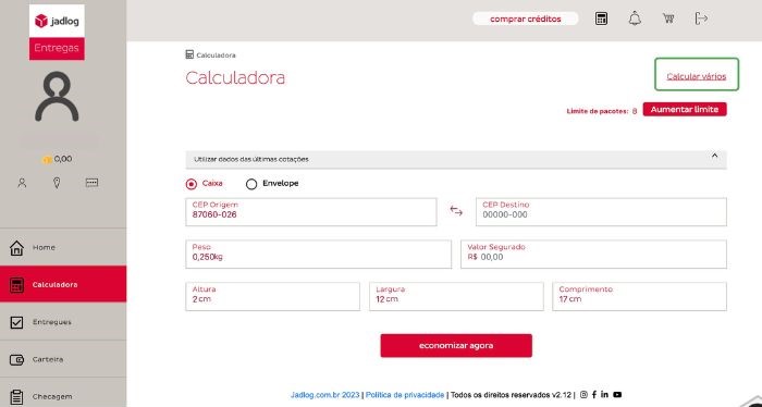 emissão de etiquetas calcular vários