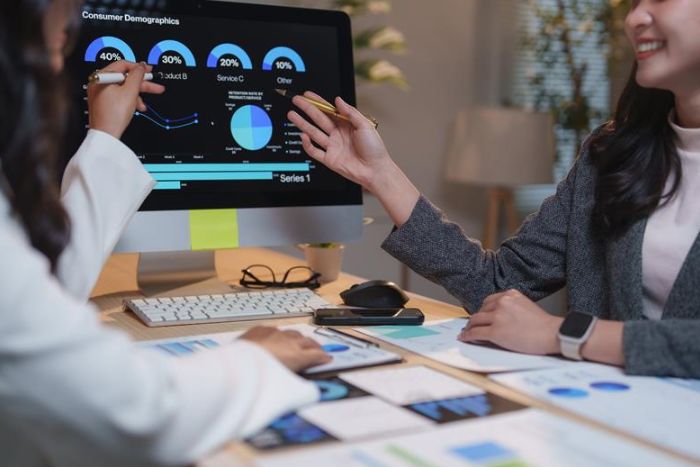 Duas mulheres analisando dados no computador.