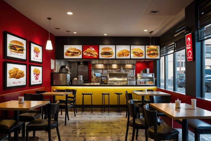Um fastfood com a cor vermelha predominante.