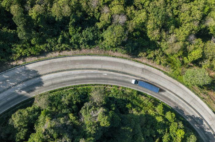 Caminhão andando por estrada entre árvores.
